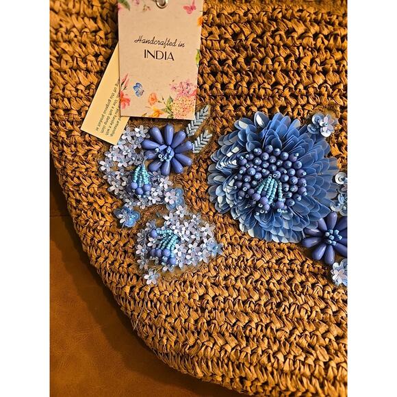 NWT Brown Floral Viral Beaded Handcrafted Made India Woven Tote Shoulder Handbag - Picture 2 of 8